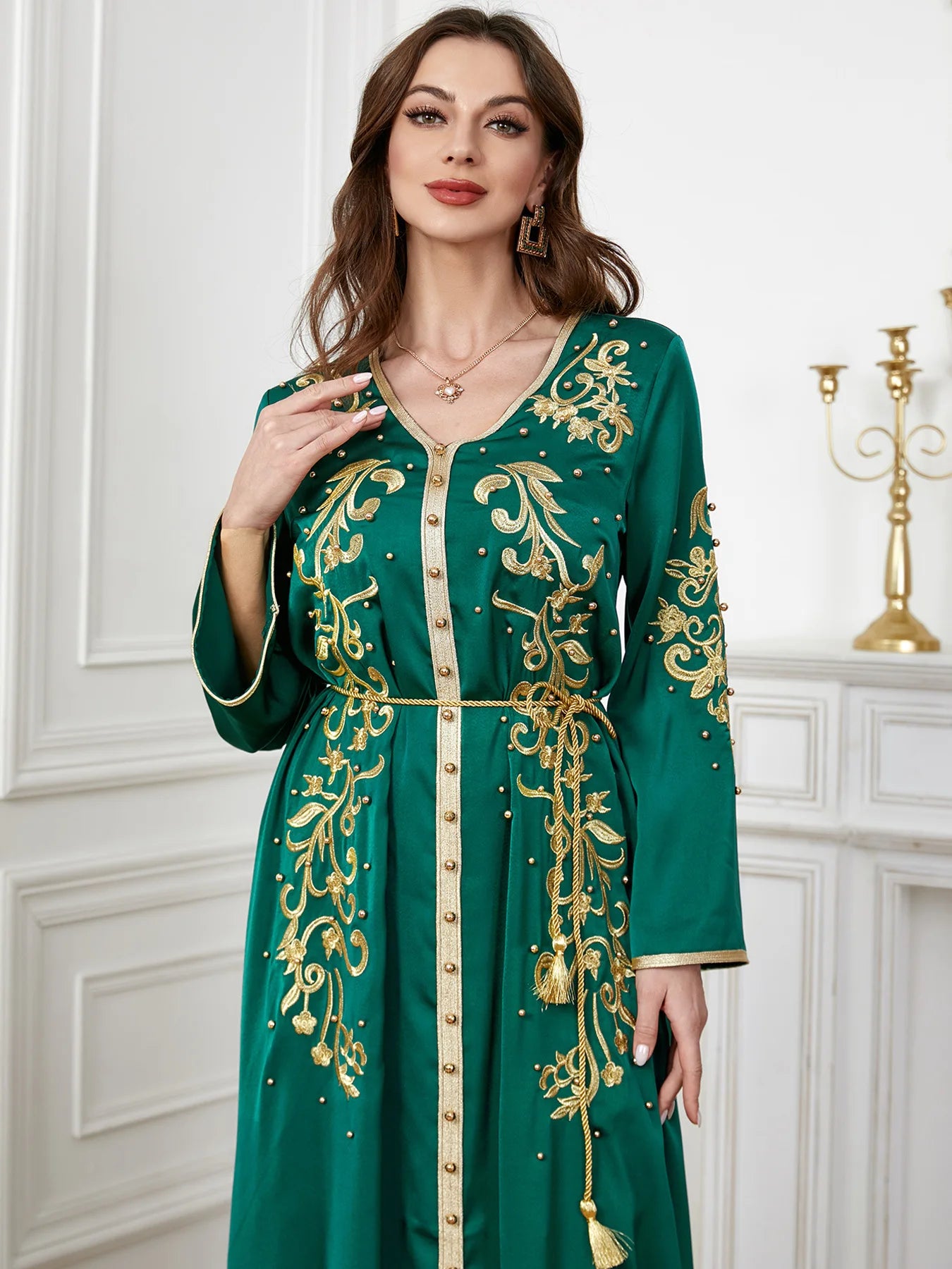 Elegant Beaded V-Neck Dress - Luxerious Eid Party Kaftan