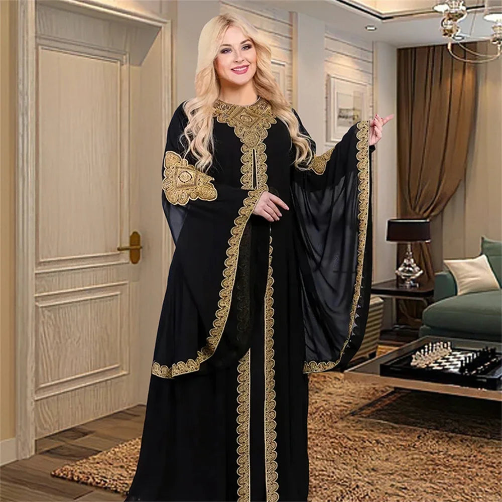 Elegant Two-Piece Gold Embroidered Kaftan Set