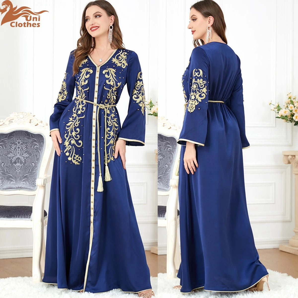 Elegant Beaded V-Neck Dress - Luxerious Eid Party Kaftan