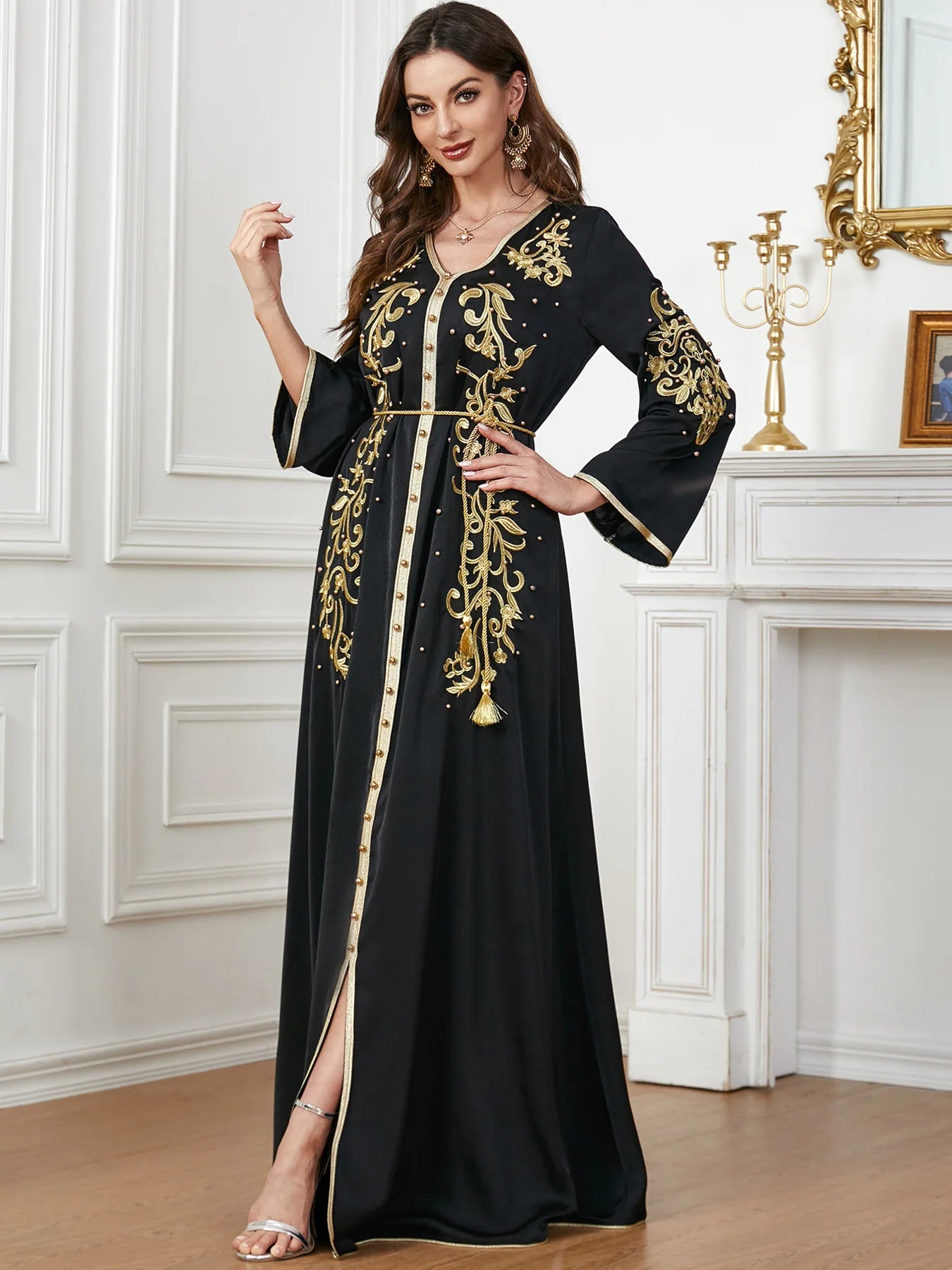 Elegant Beaded V-Neck Dress - Luxerious Eid Party Kaftan