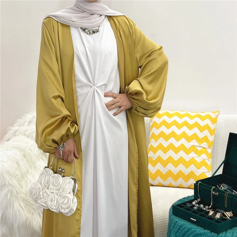 Elegant Satin Abaya: Turkey Style with Bubble Sleeves