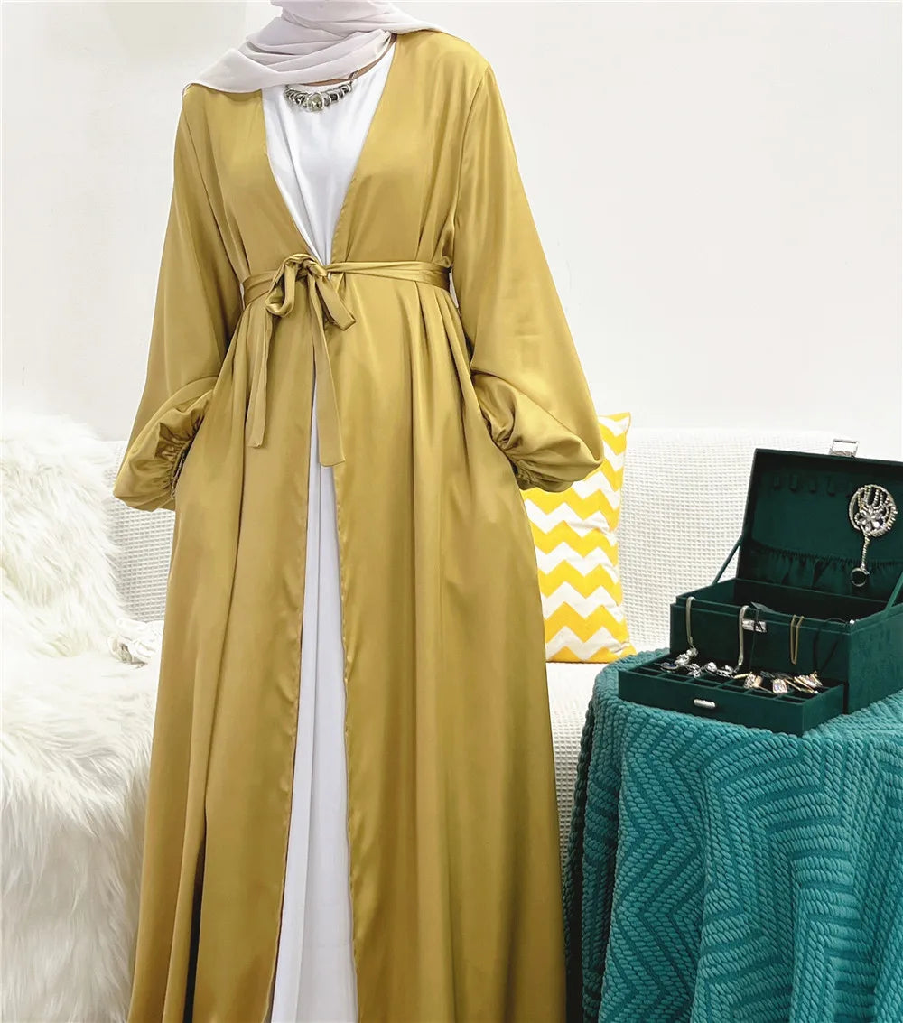 Elegant Satin Abaya: Turkey Style with Bubble Sleeves