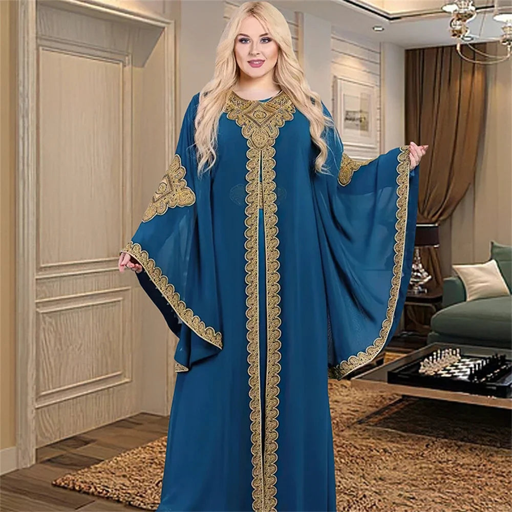 Elegant Two-Piece Gold Embroidered Kaftan Set