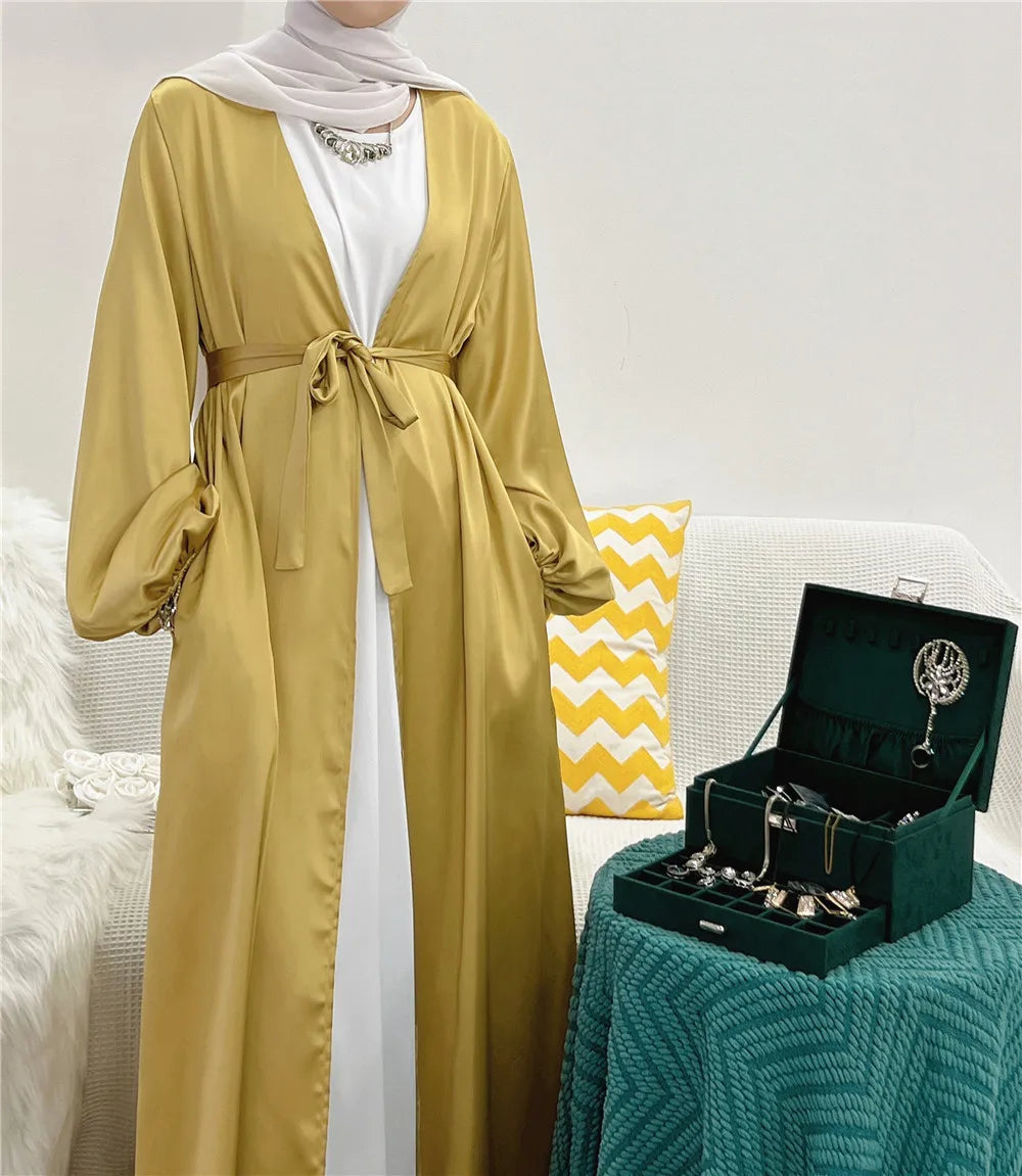 Elegant Satin Abaya: Turkey Style with Bubble Sleeves