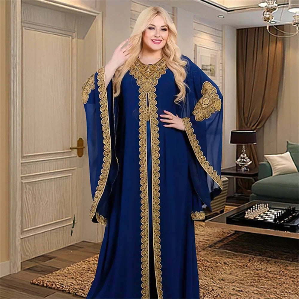 Elegant Two-Piece Gold Embroidered Kaftan Set