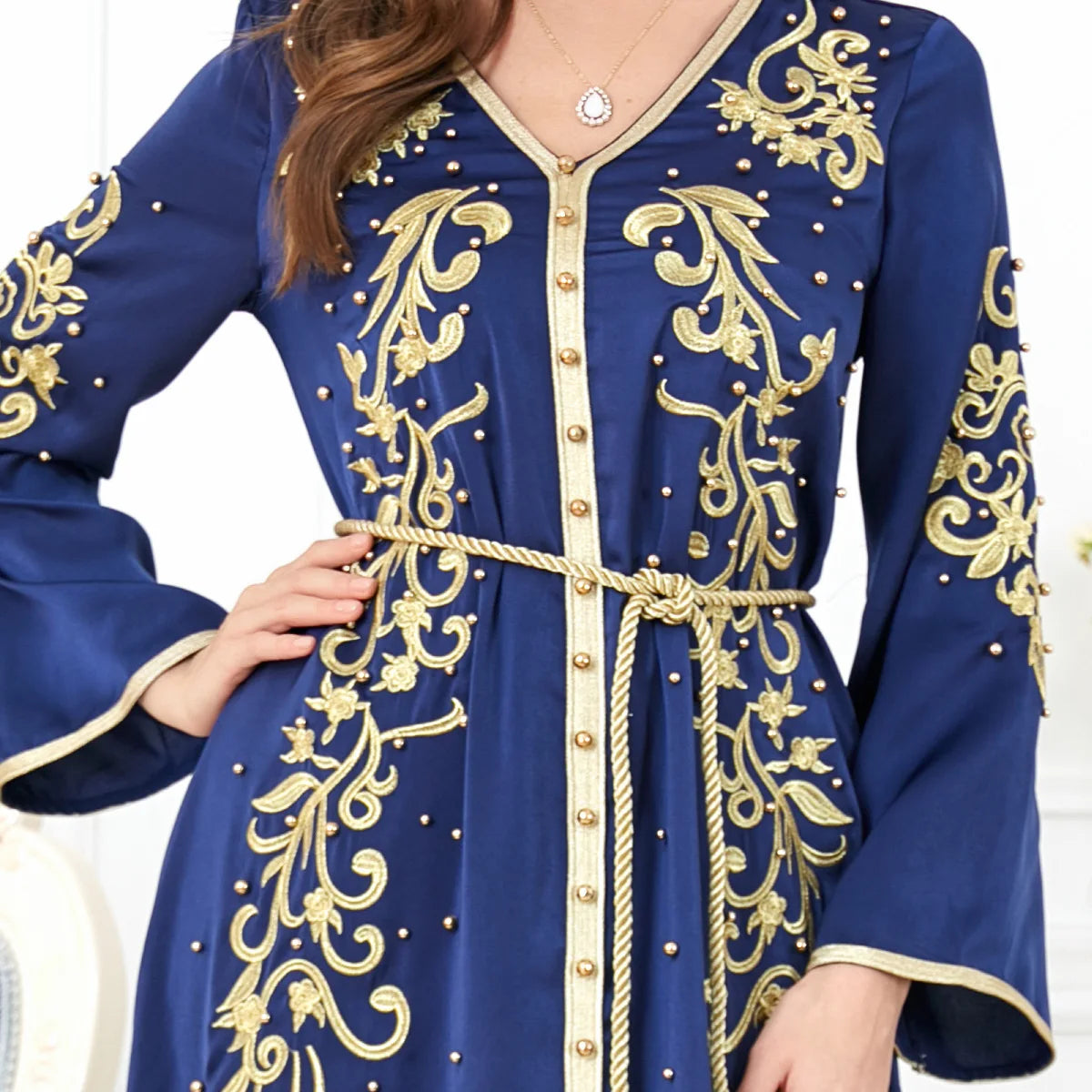 Elegant Beaded V-Neck Dress - Luxerious Eid Party Kaftan