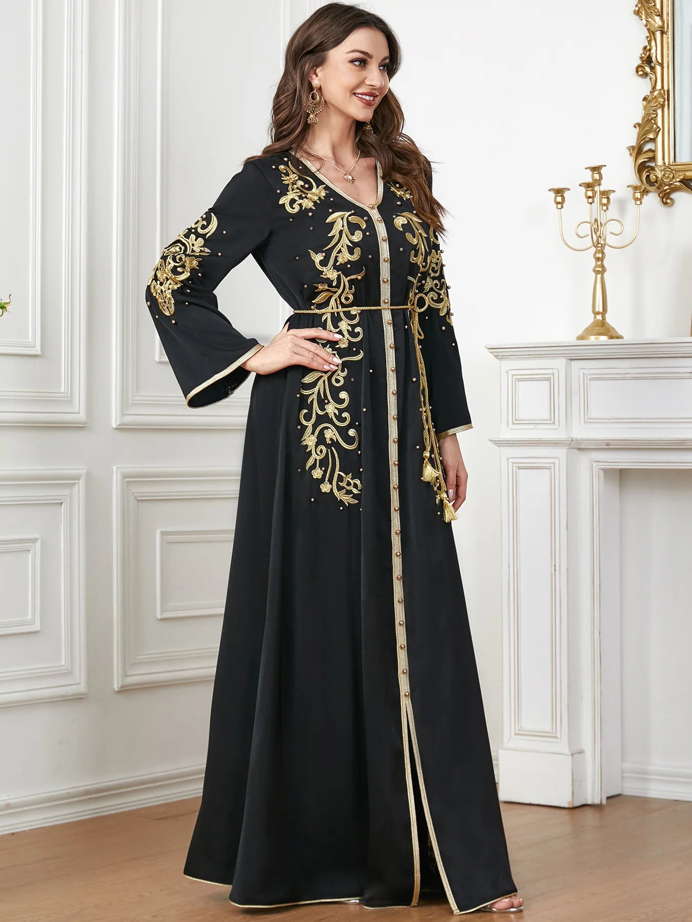 Elegant Beaded V-Neck Dress - Luxerious Eid Party Kaftan