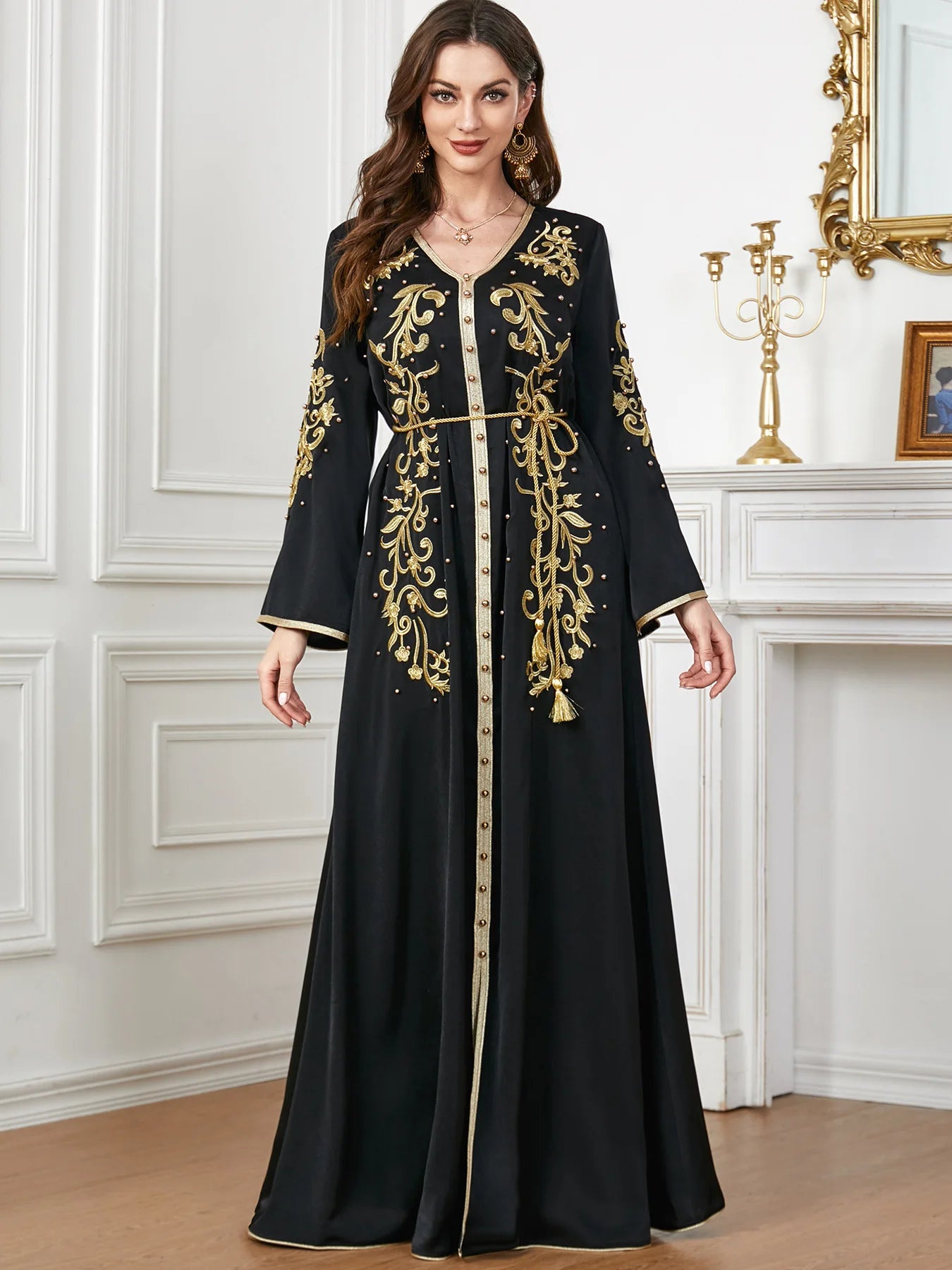 Elegant Beaded V-Neck Dress - Luxerious Eid Party Kaftan