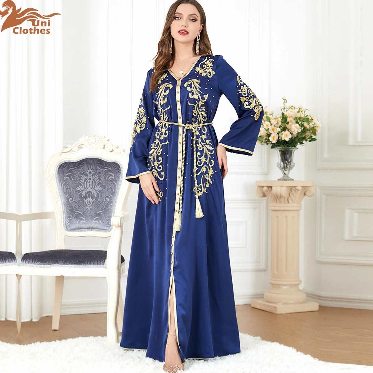 Elegant Beaded V-Neck Dress - Luxerious Eid Party Kaftan