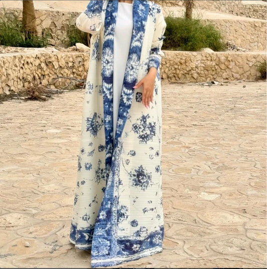 Ethnic Style Print Pleated Long Cape Coat Abaya