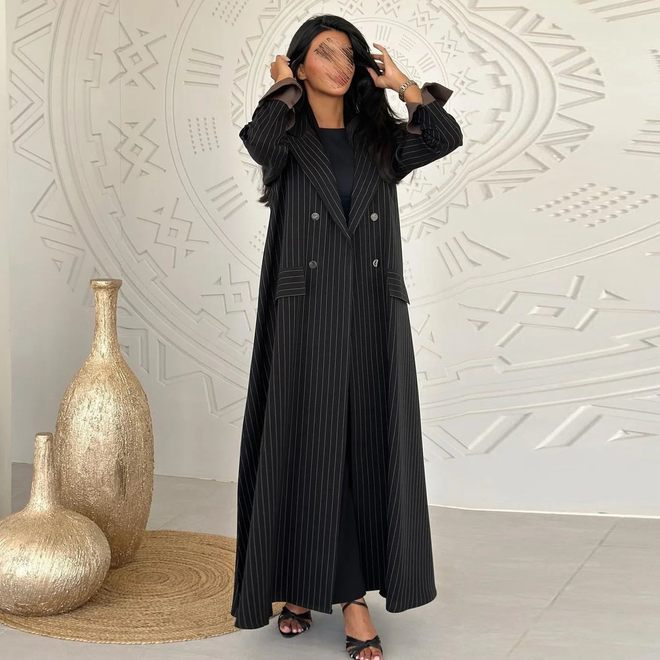 Elegant Black Striped Long Abaya Coat