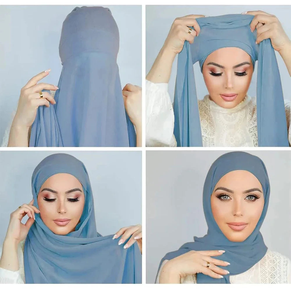 Chiffon Hijab with Cap Bonnet Headwrap