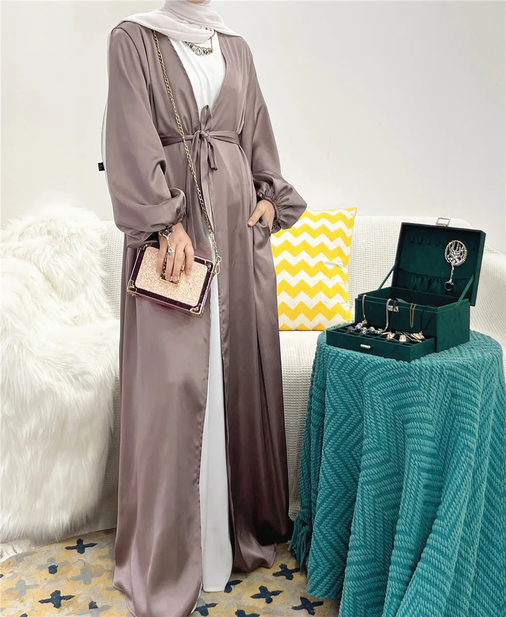 Elegant Satin Abaya: Turkey Style with Bubble Sleeves