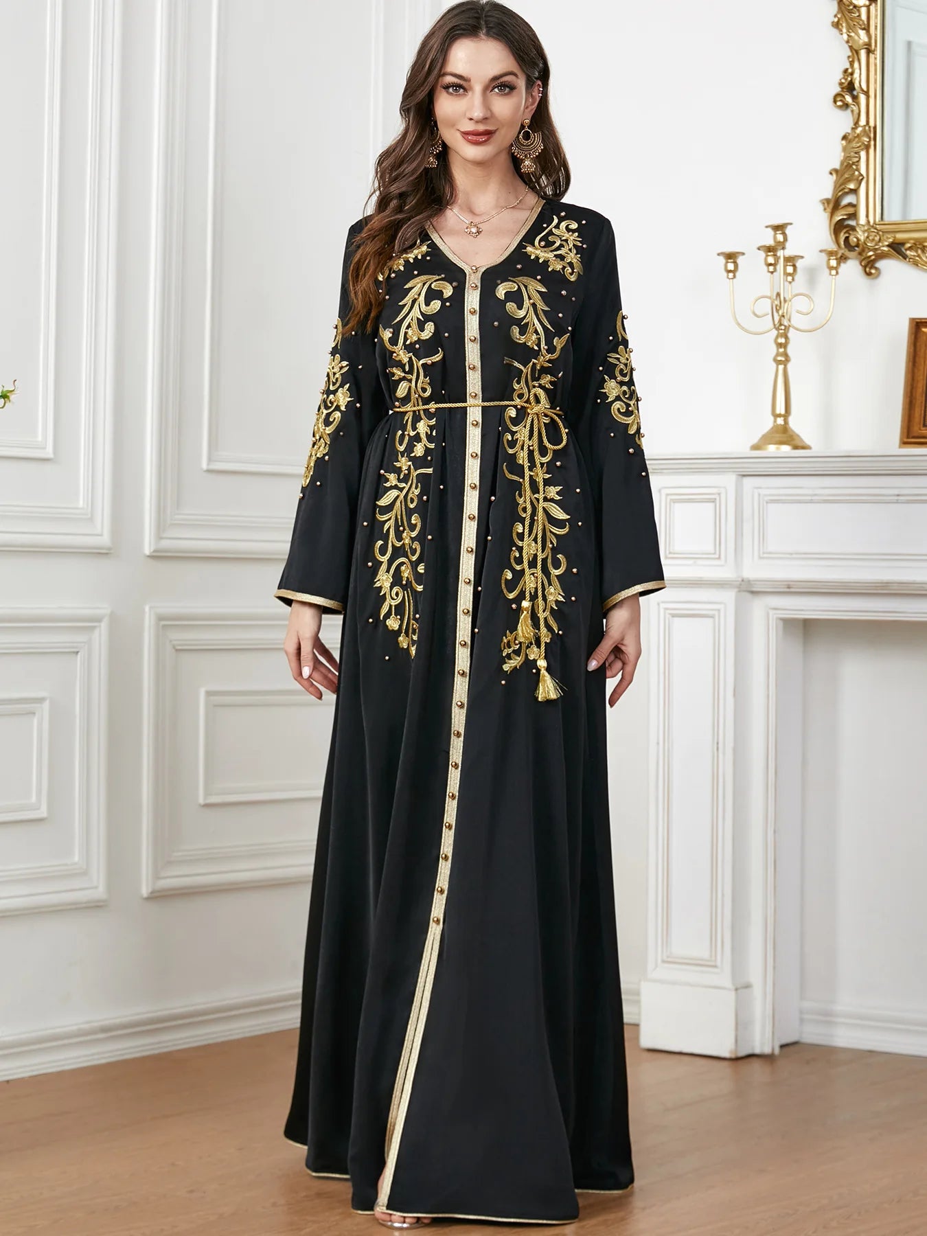 Elegant Beaded V-Neck Dress - Luxerious Eid Party Kaftan