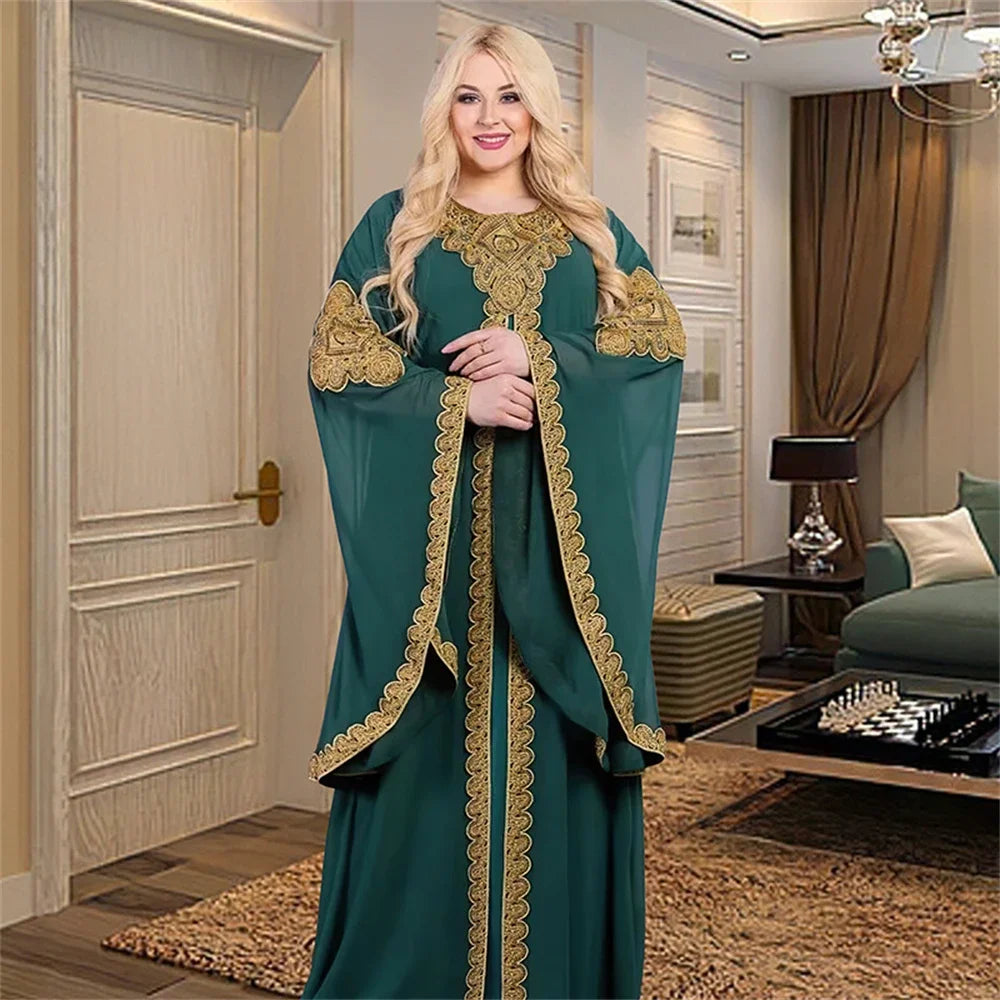 Elegant Two-Piece Gold Embroidered Kaftan Set