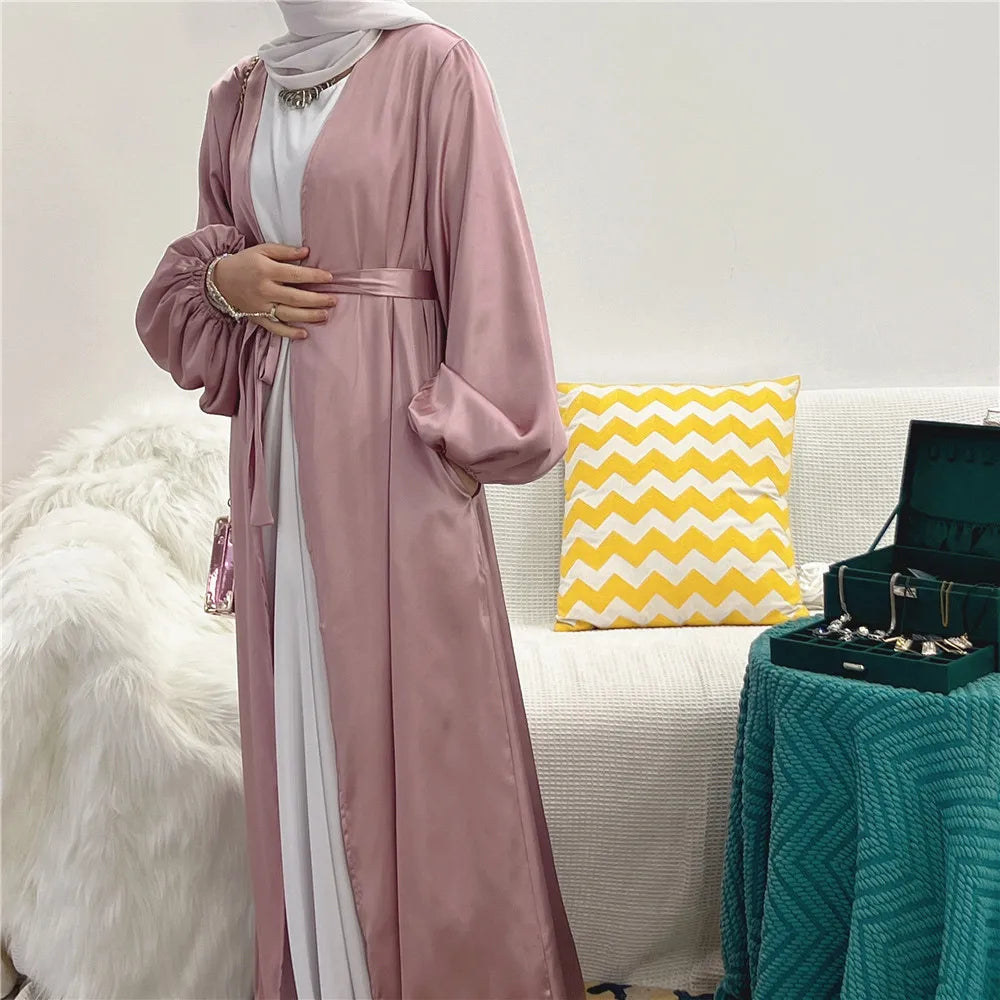 Elegant Satin Abaya: Turkey Style with Bubble Sleeves