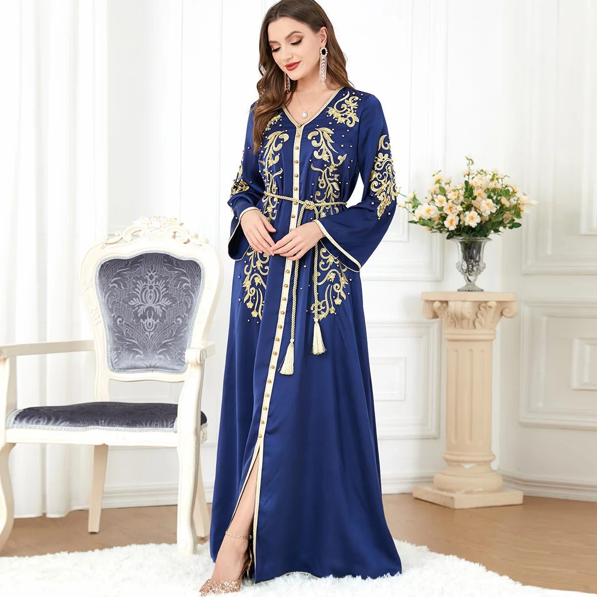 Elegant Beaded V-Neck Dress - Luxerious Eid Party Kaftan