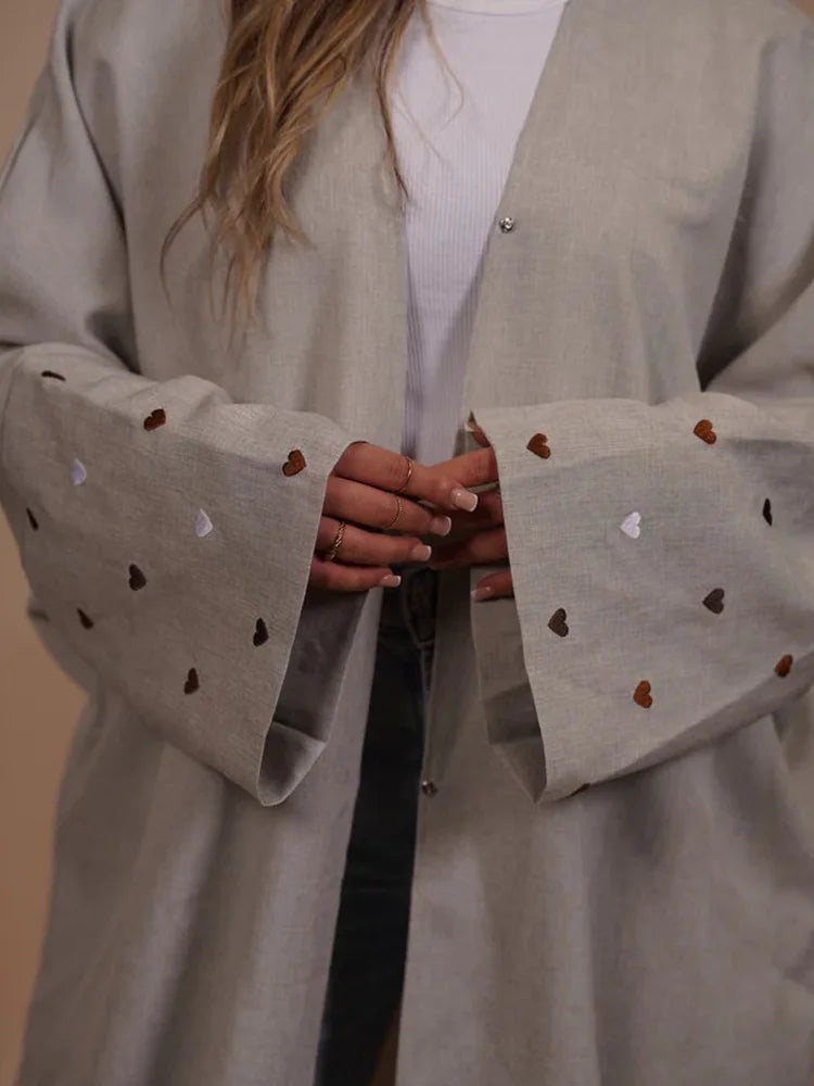 Heart Embellished Open Linen Abaya
