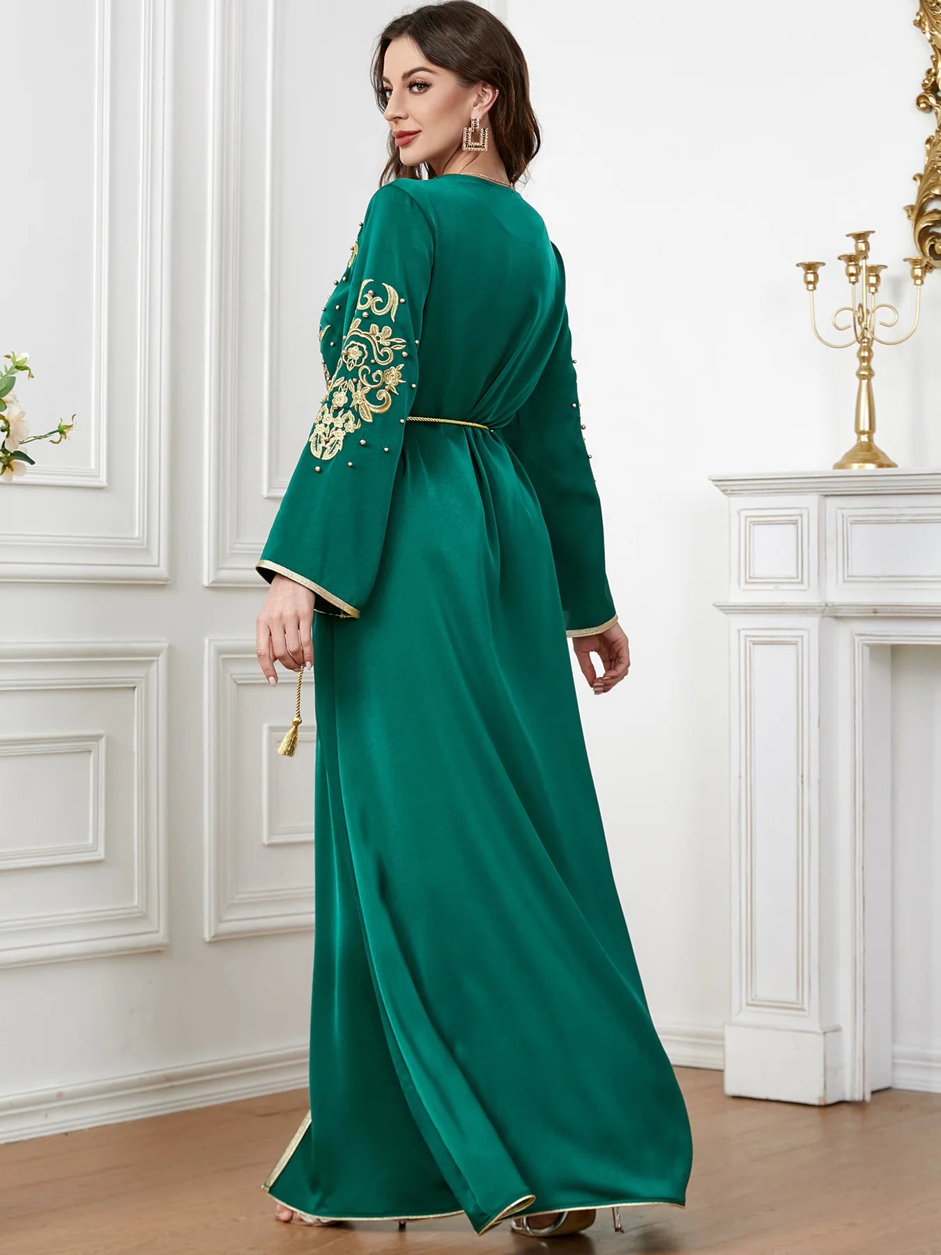 Elegant Beaded V-Neck Dress - Luxerious Eid Party Kaftan