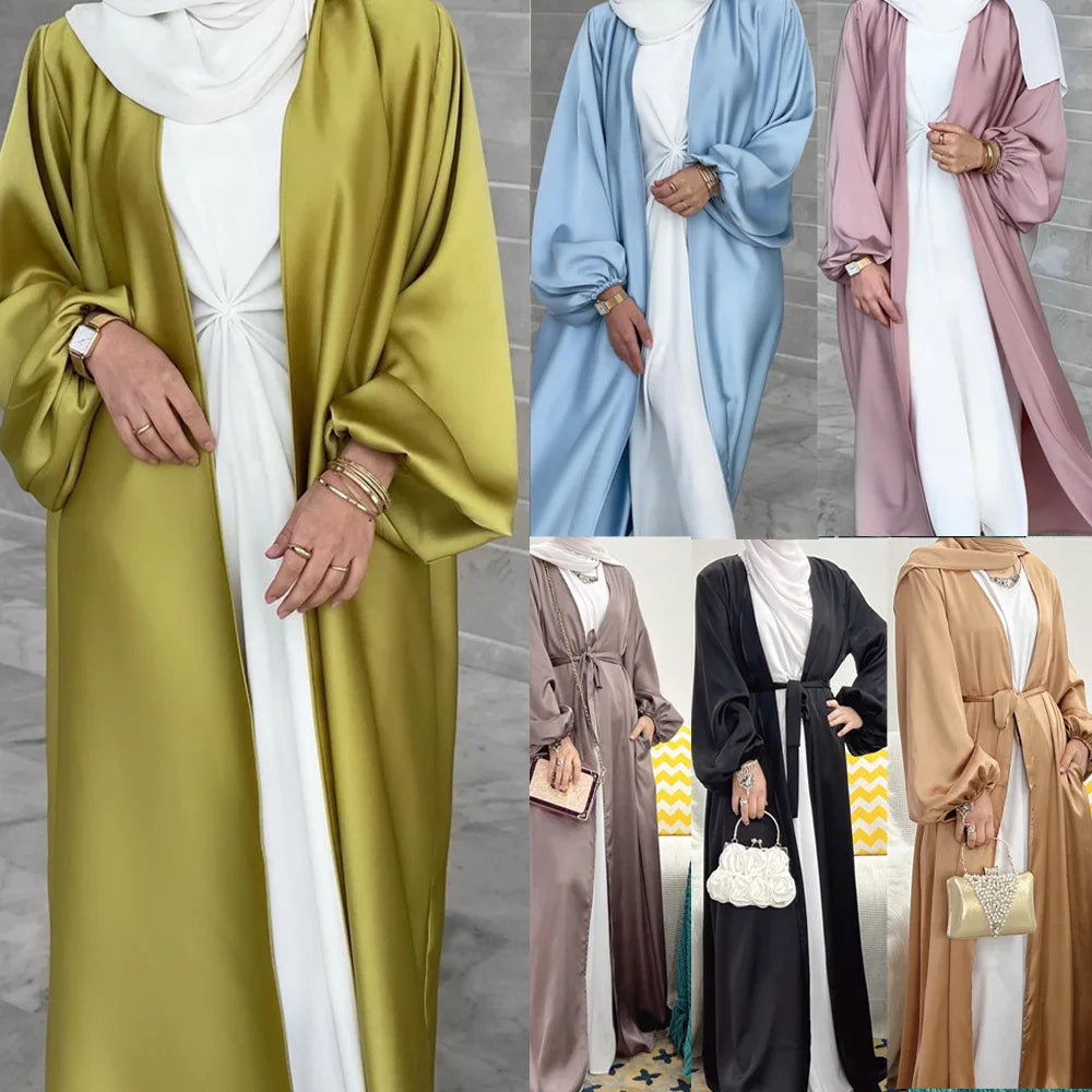 Elegant Satin Abaya: Turkey Style with Bubble Sleeves