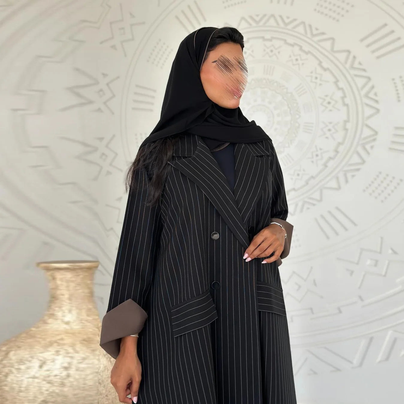 Elegant Black Striped Long Abaya Coat