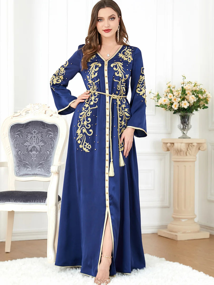 Elegant Beaded V-Neck Dress - Luxerious Eid Party Kaftan