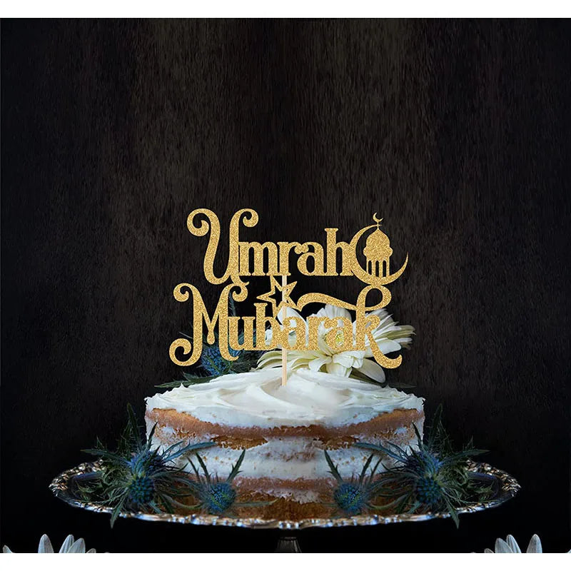 Umrah Mubarak Cake Topper – Gold Glitter Decor
