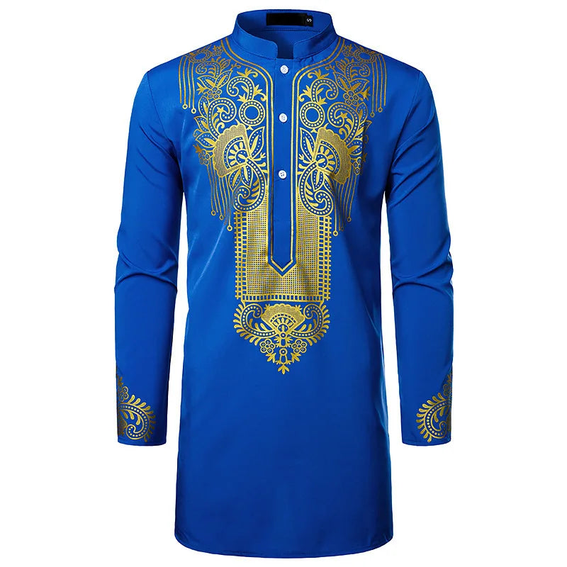 Luxury Ethnic Print Djellaba with Stand Collar