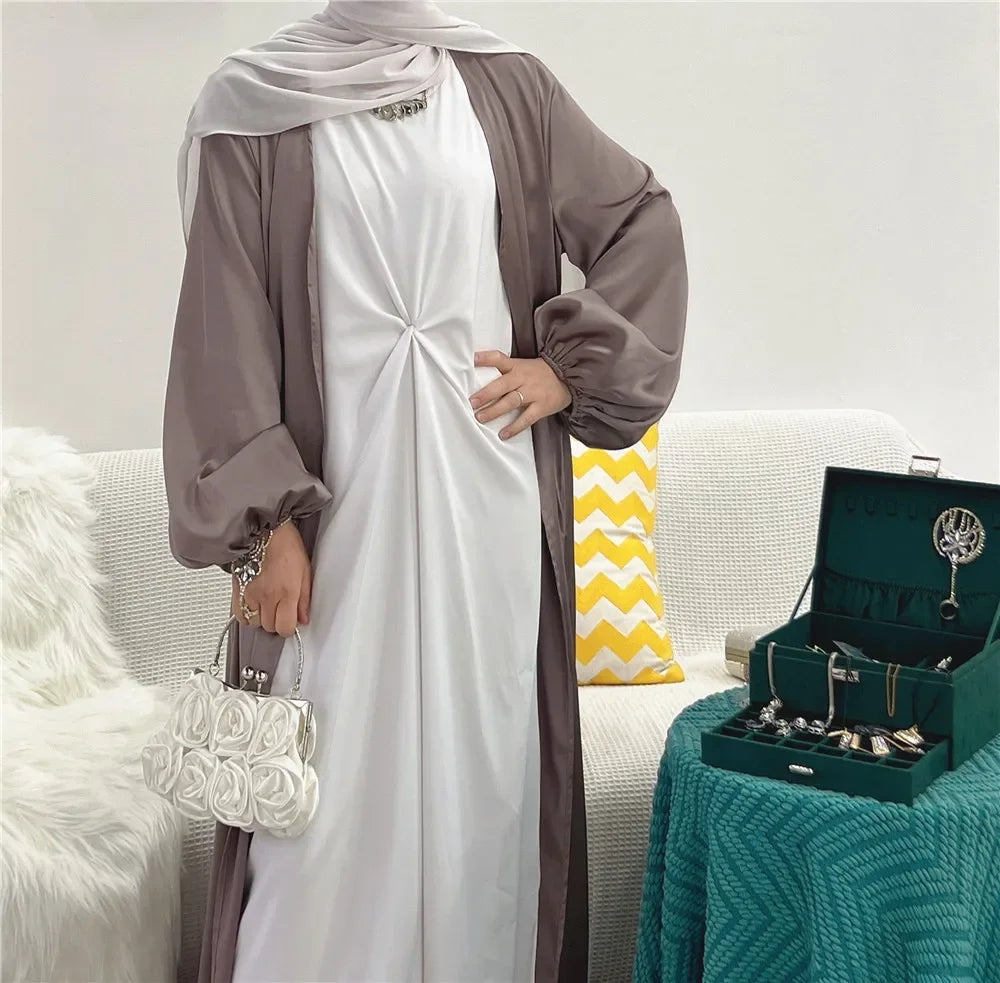 Elegant Satin Abaya: Turkey Style with Bubble Sleeves