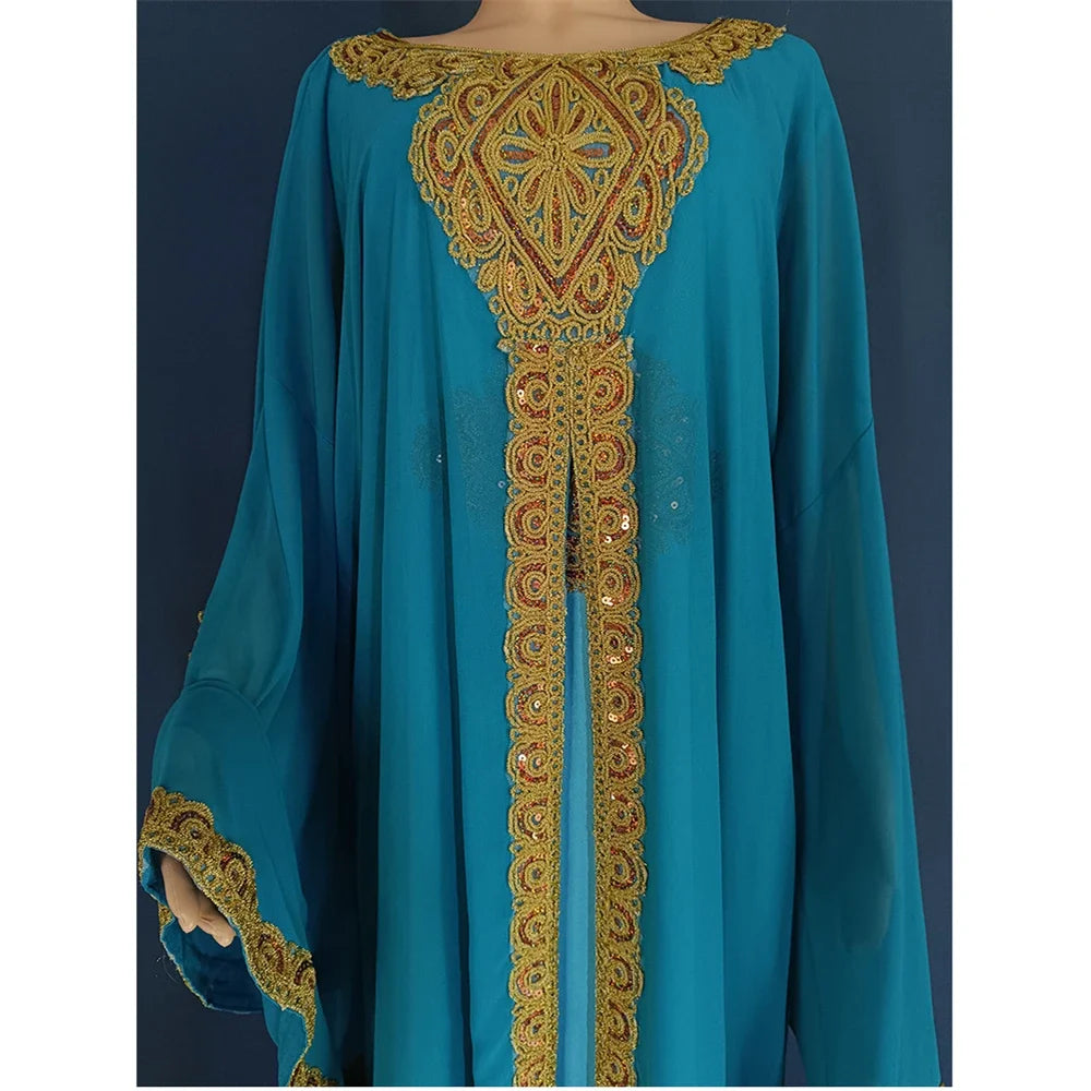 Elegant Two-Piece Gold Embroidered Kaftan Set