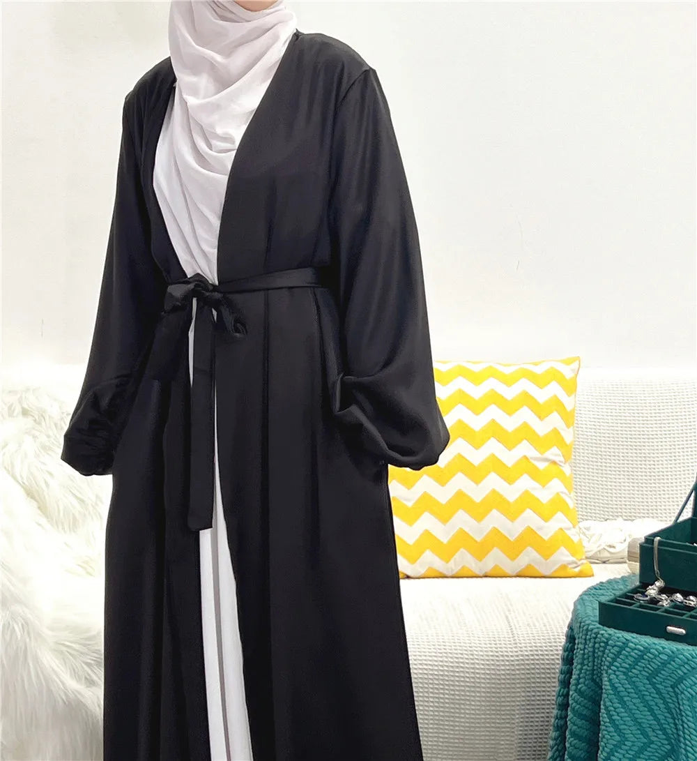 Elegant Satin Abaya: Turkey Style with Bubble Sleeves