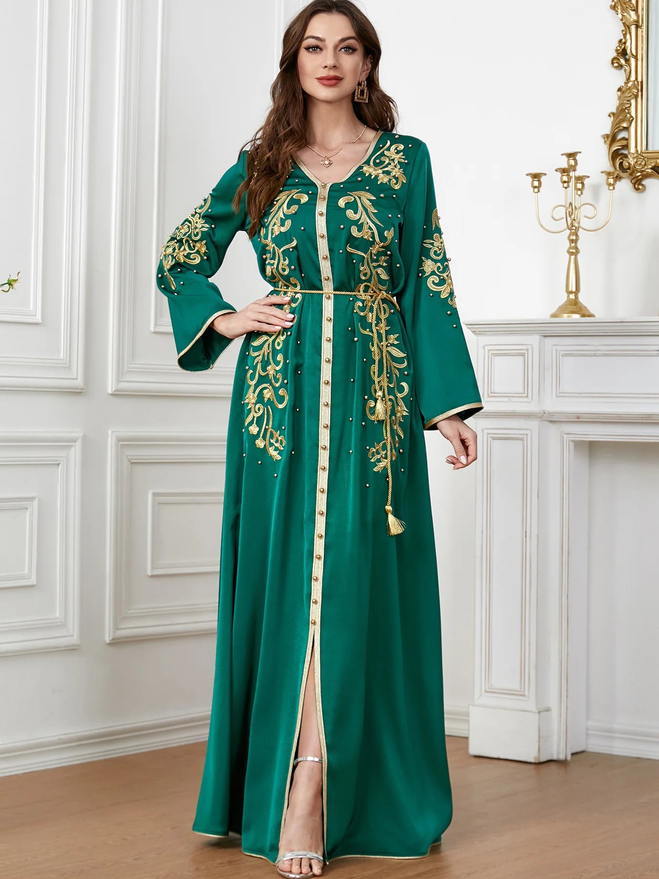 Elegant Beaded V-Neck Dress - Luxerious Eid Party Kaftan