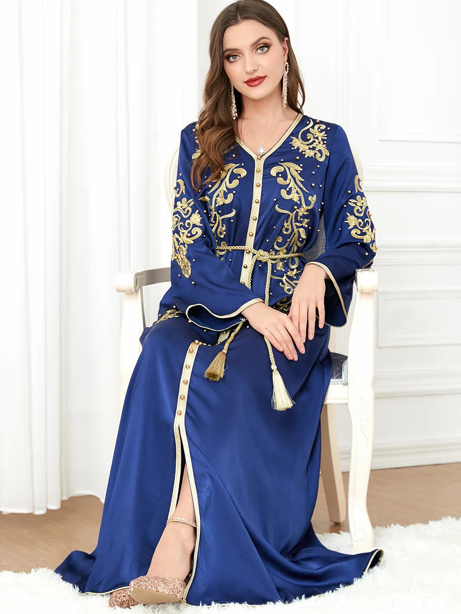 Elegant Beaded V-Neck Dress - Luxerious Eid Party Kaftan