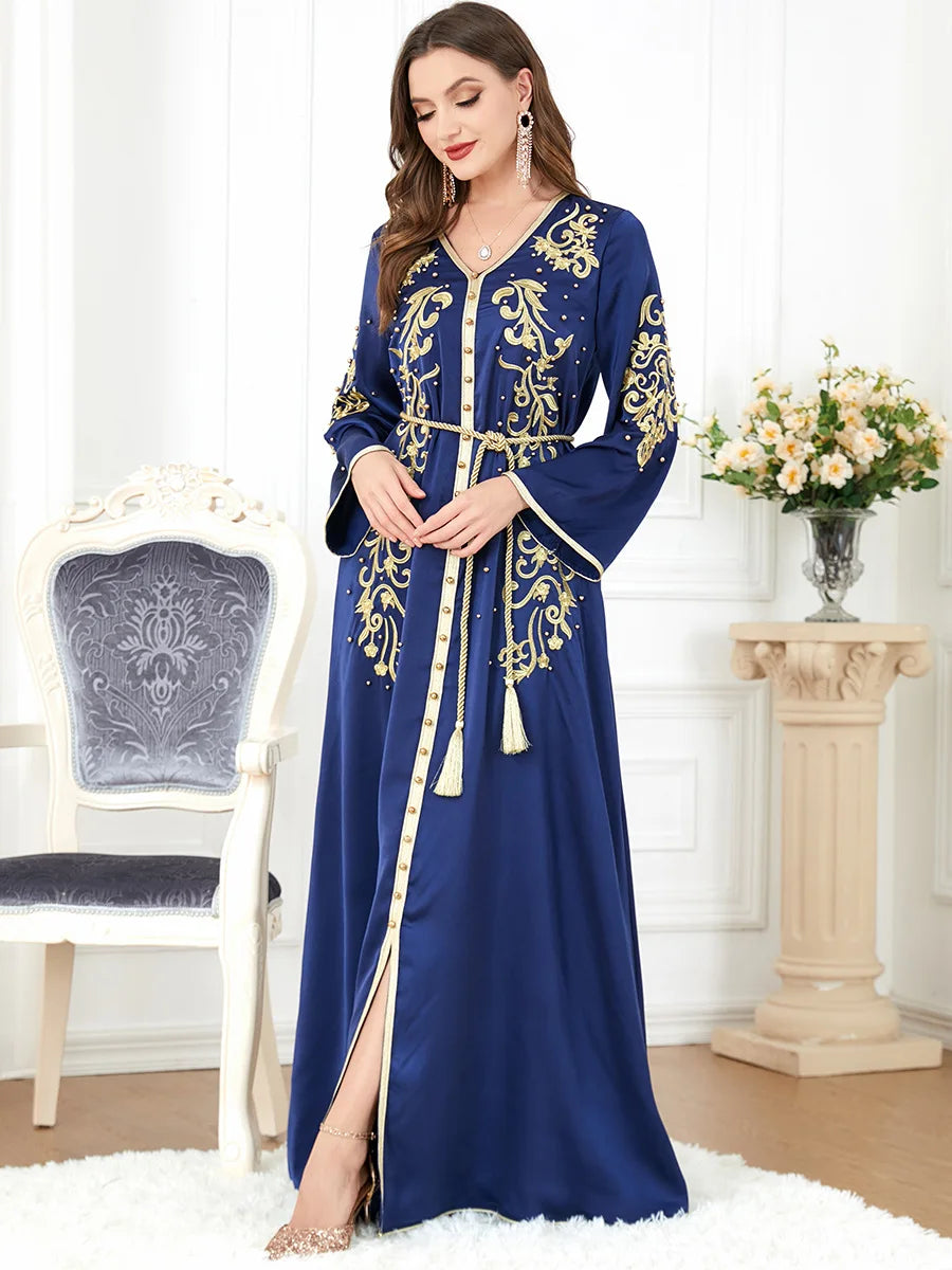 Elegant Beaded V-Neck Dress - Luxerious Eid Party Kaftan