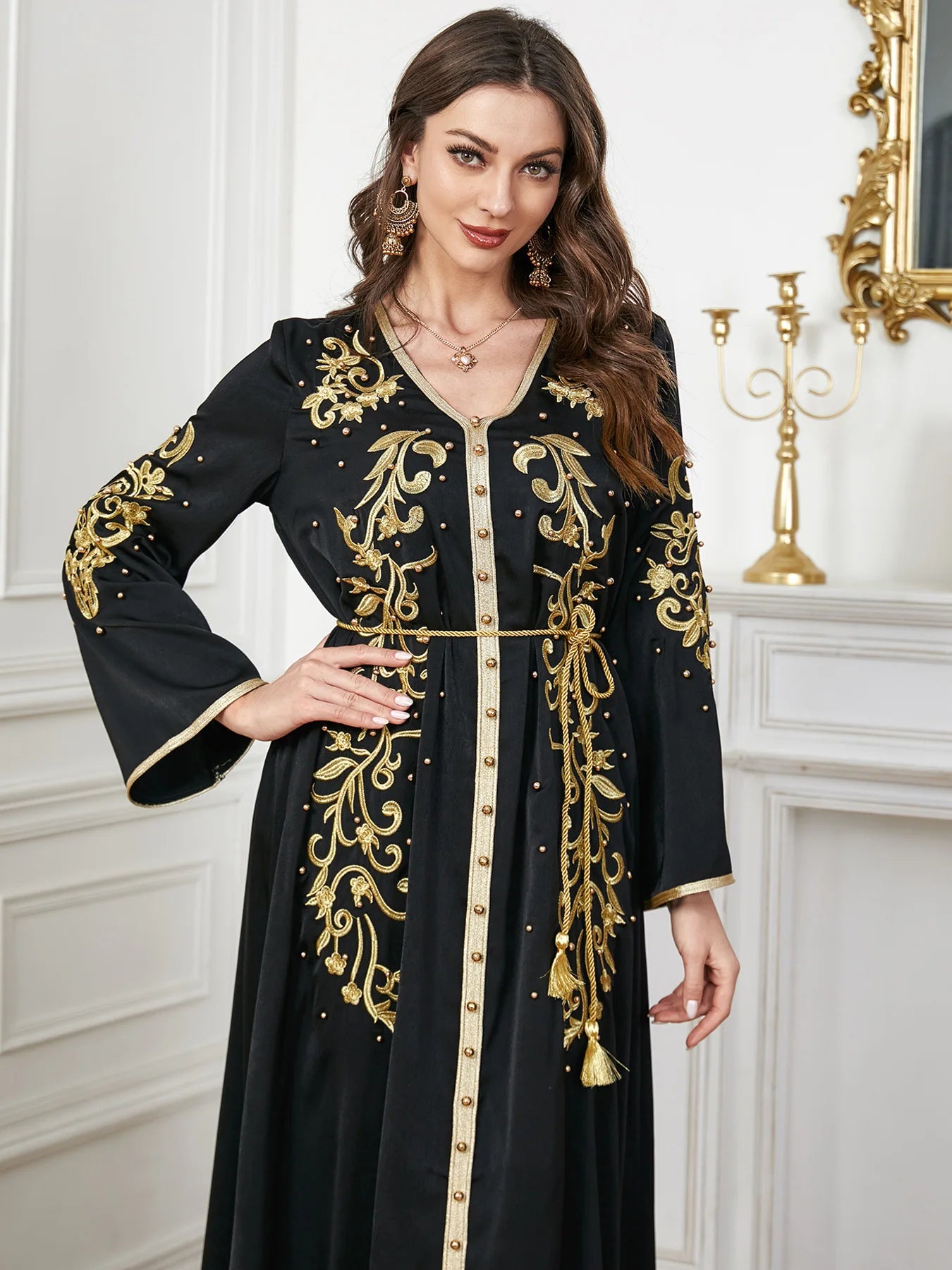 Elegant Beaded V-Neck Dress - Luxerious Eid Party Kaftan