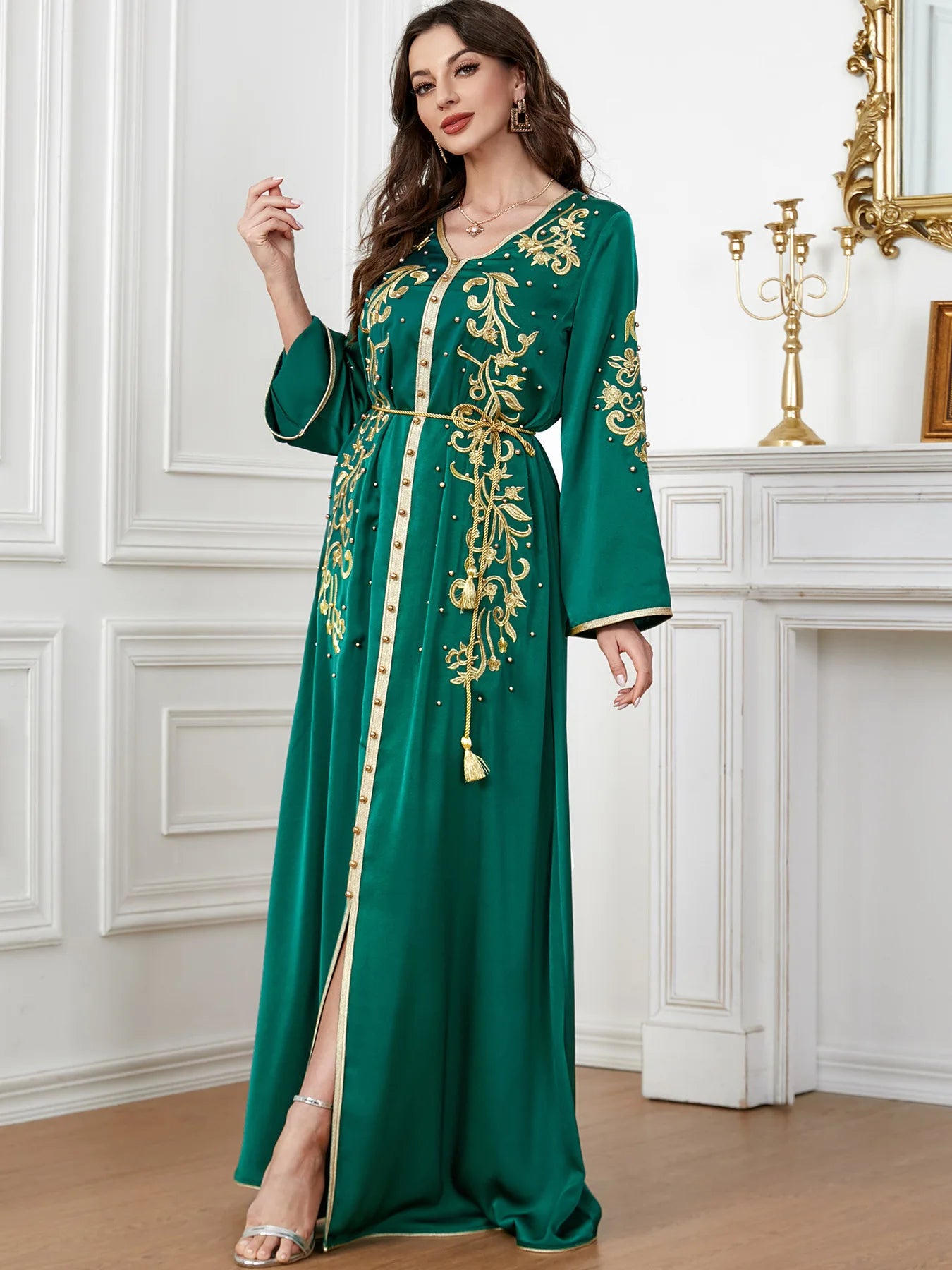 Elegant Beaded V-Neck Dress - Luxerious Eid Party Kaftan