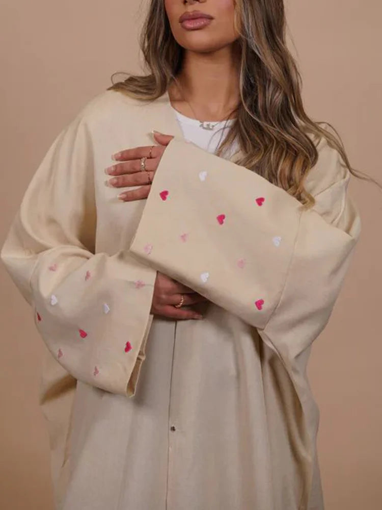 Heart Embellished Open Linen Abaya