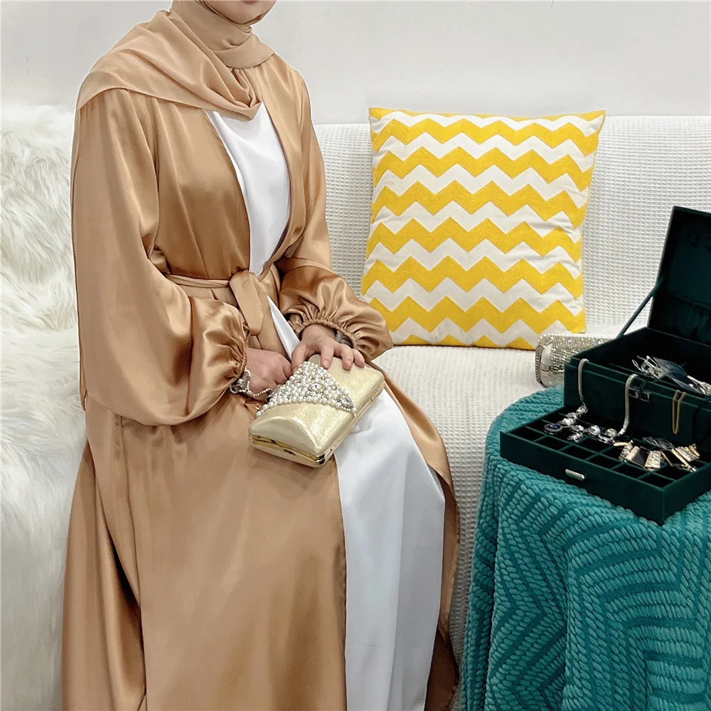 Elegant Satin Abaya: Turkey Style with Bubble Sleeves