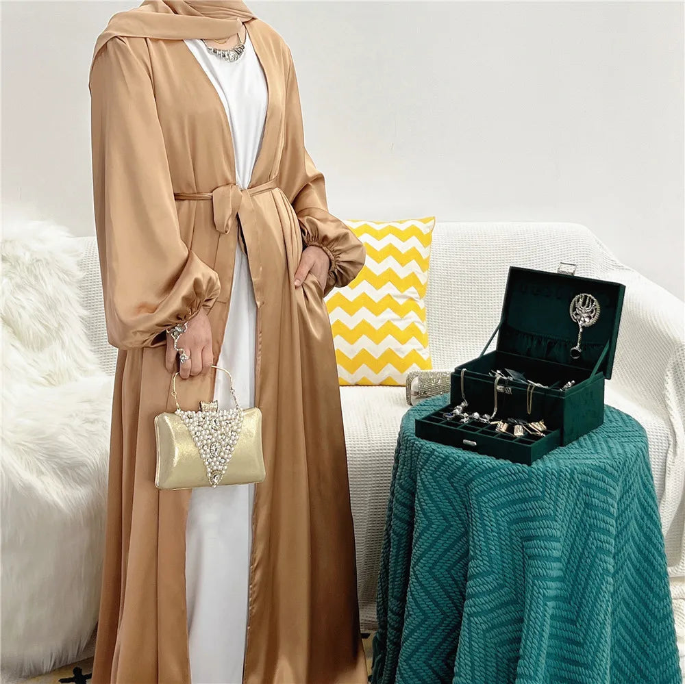 Elegant Satin Abaya: Turkey Style with Bubble Sleeves