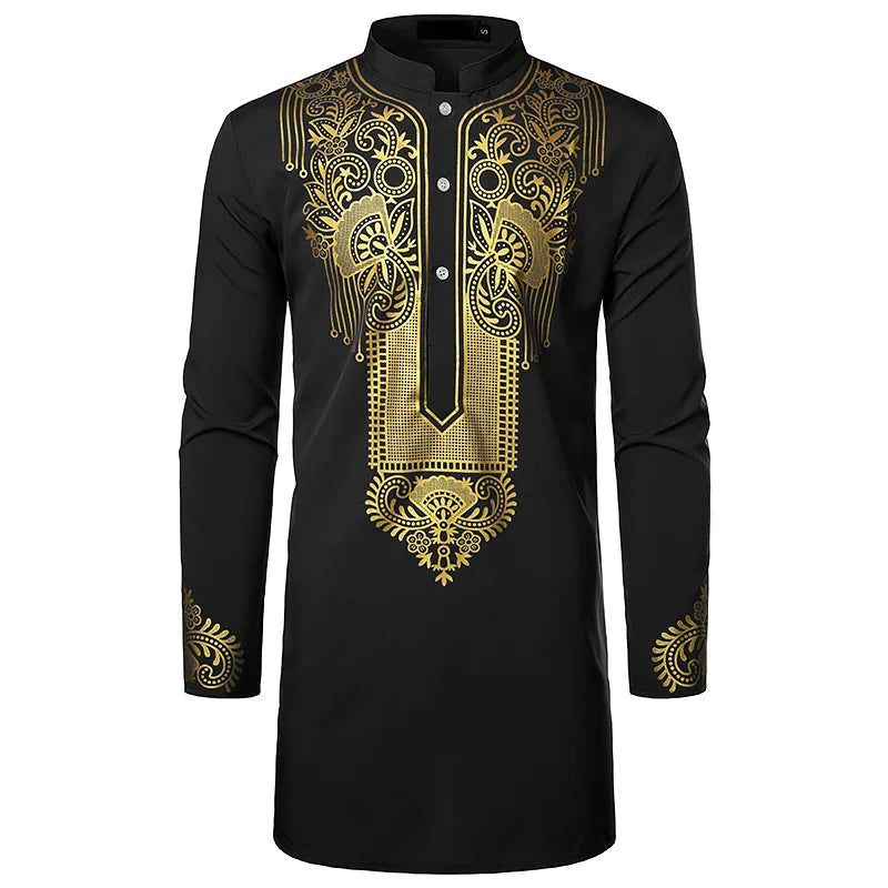 Luxury Ethnic Print Djellaba with Stand Collar