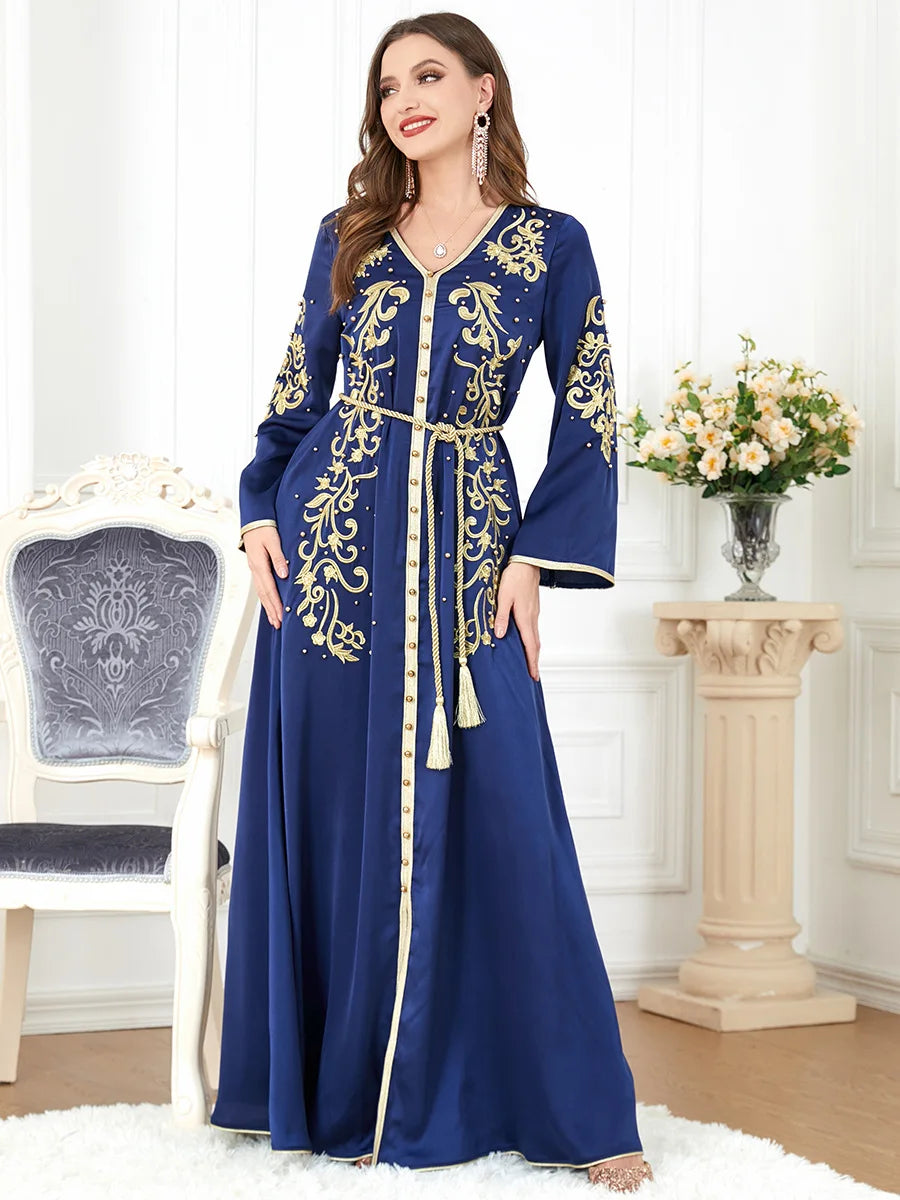 Elegant Beaded V-Neck Dress - Luxerious Eid Party Kaftan