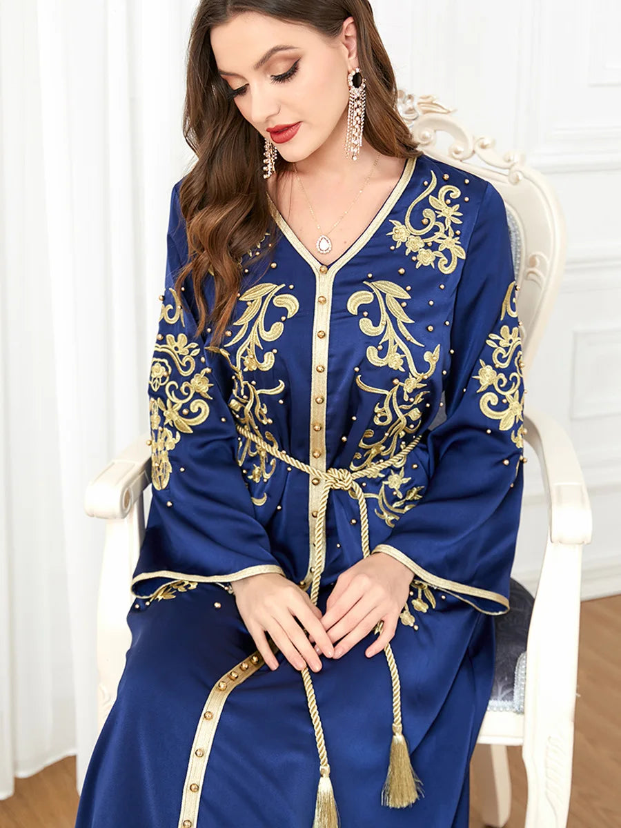 Elegant Beaded V-Neck Dress - Luxerious Eid Party Kaftan