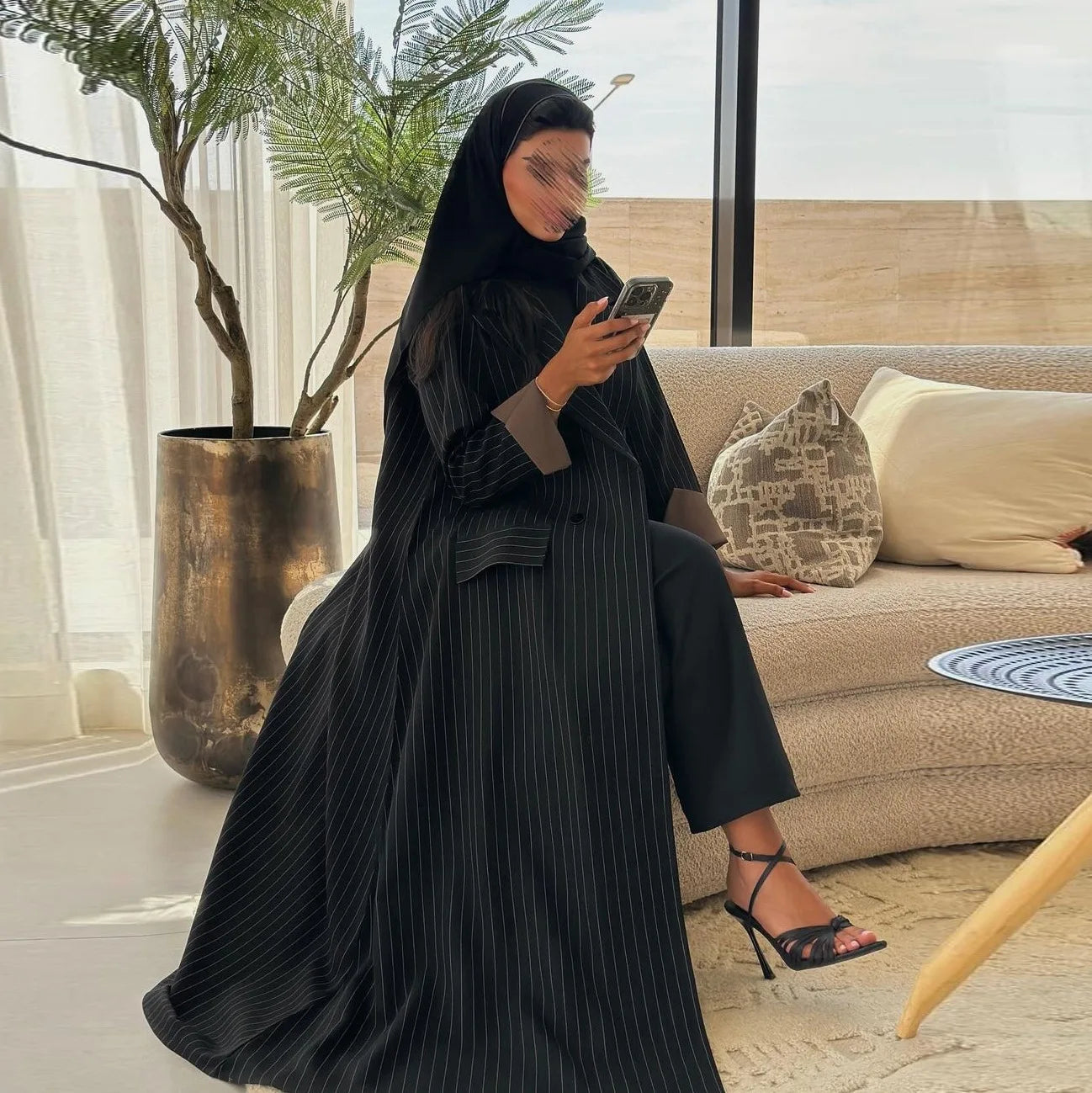 Elegant Black Striped Long Abaya Coat