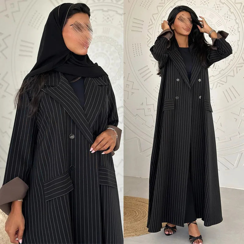 Elegant Black Striped Long Abaya Coat