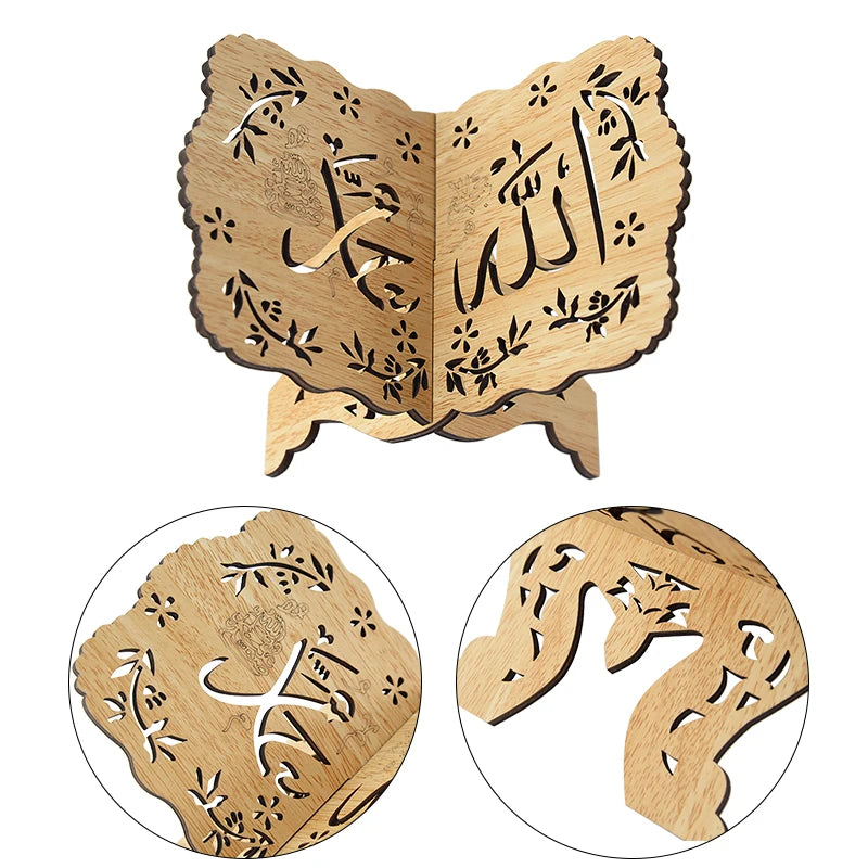 Eid Mubarak Wooden Carved Quran Stand – Reading Bookshelf Holder