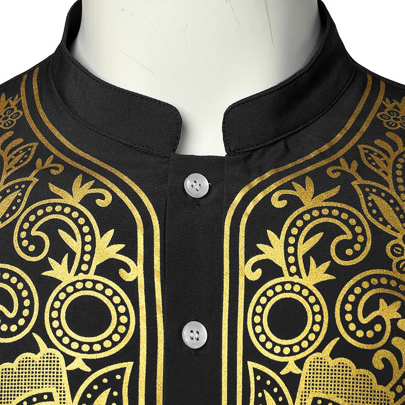 Luxury Ethnic Print Djellaba with Stand Collar