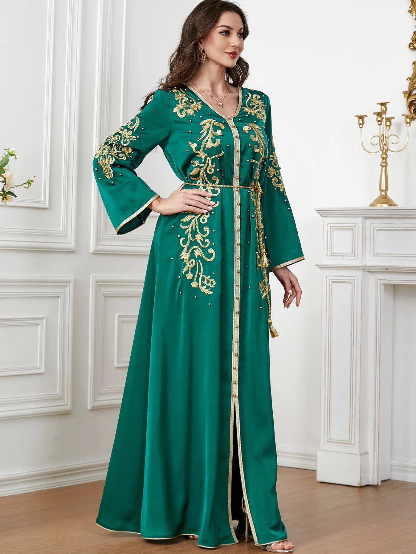 Elegant Beaded V-Neck Dress - Luxerious Eid Party Kaftan