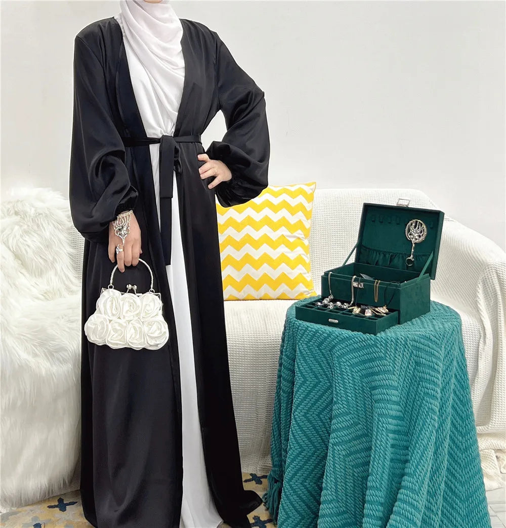 Elegant Satin Abaya: Turkey Style with Bubble Sleeves