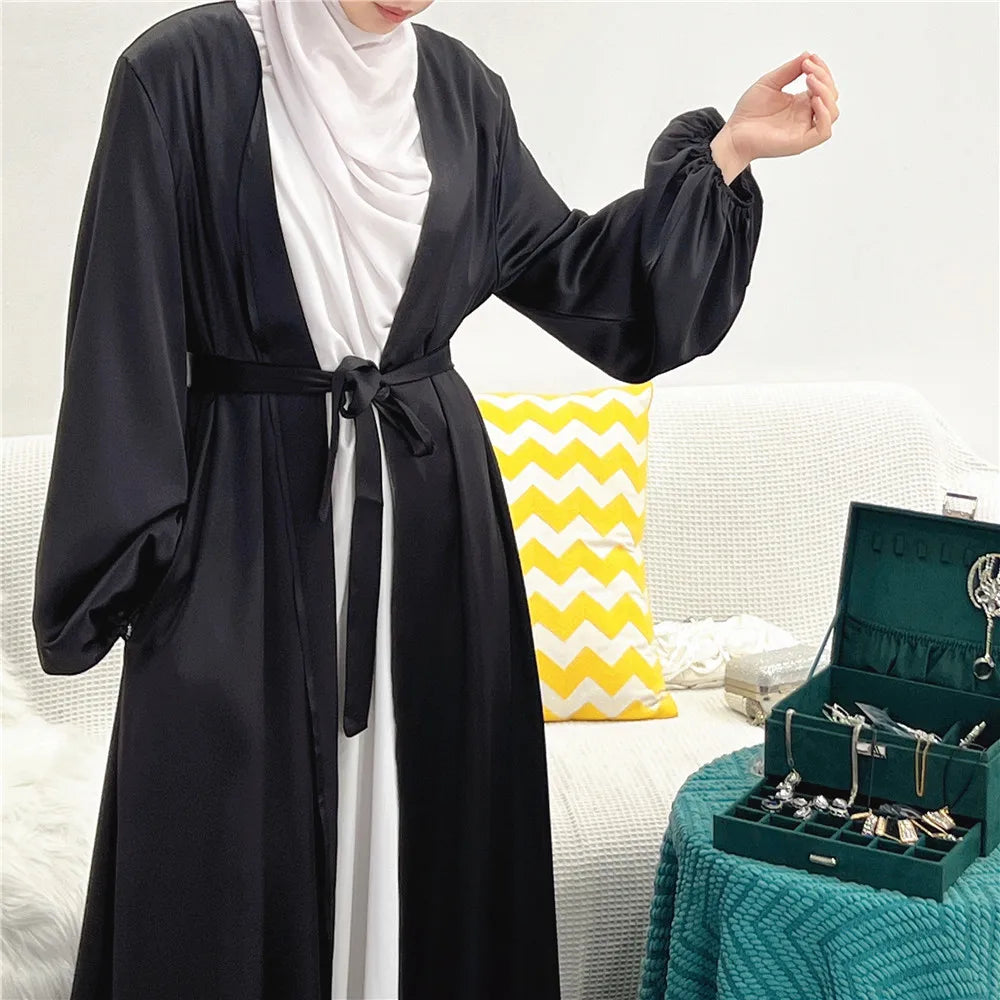 Elegant Satin Abaya: Turkey Style with Bubble Sleeves