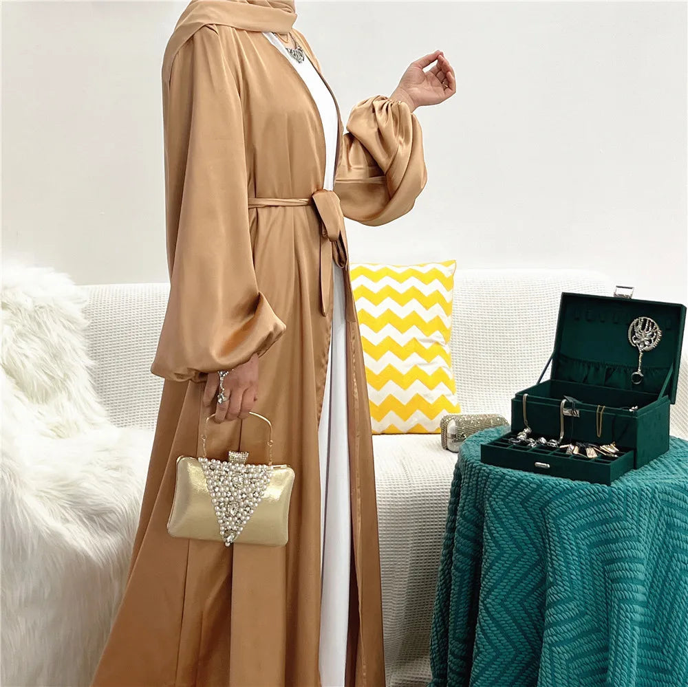 Elegant Satin Abaya: Turkey Style with Bubble Sleeves